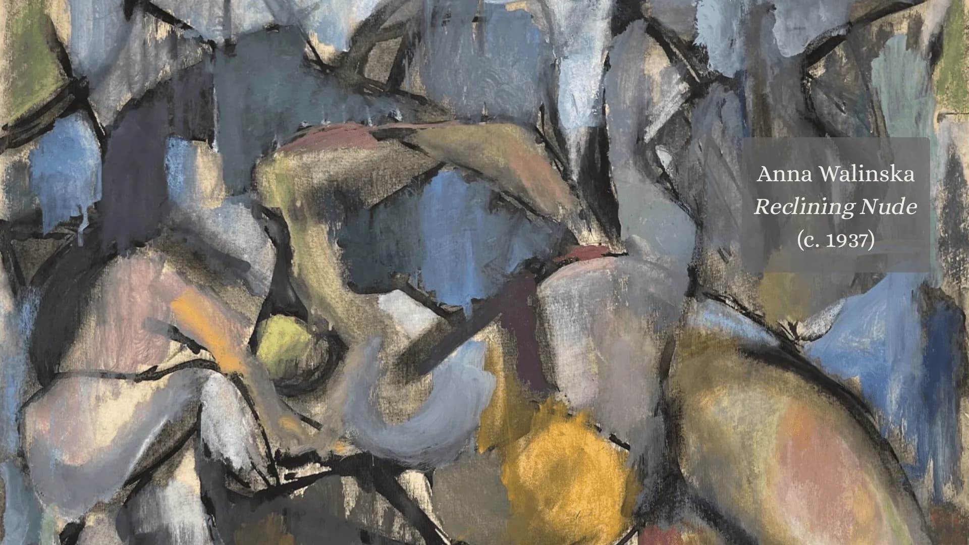 Abstract oil painting by Anna Walinska, Reclining Nude (c. 1937), depicting fragmented tan and blue geometric forms of a reclining figure.