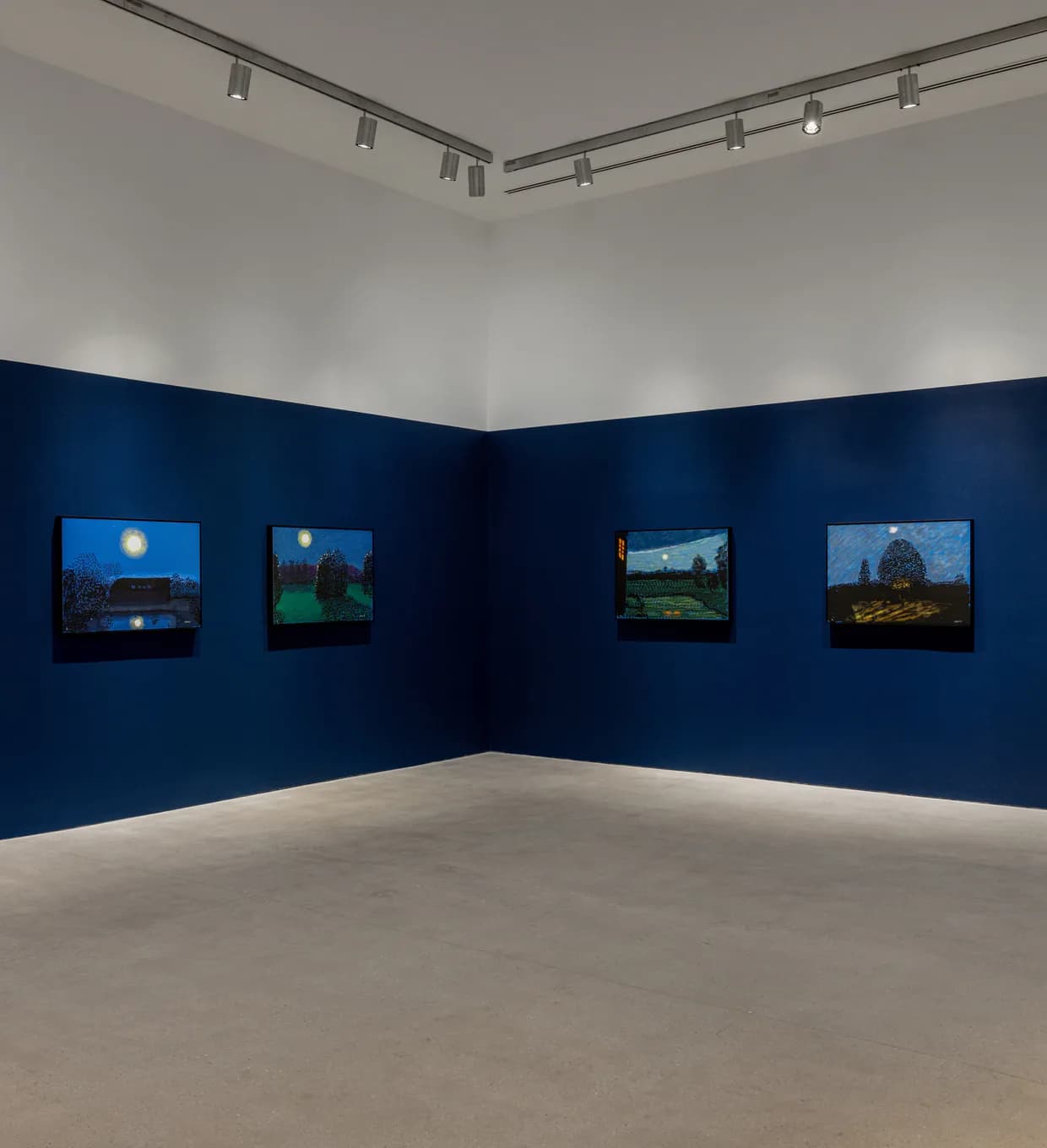 Gray gallery interior with deep blue accent wall displaying four framed landscape photographs, track lighting overhead.