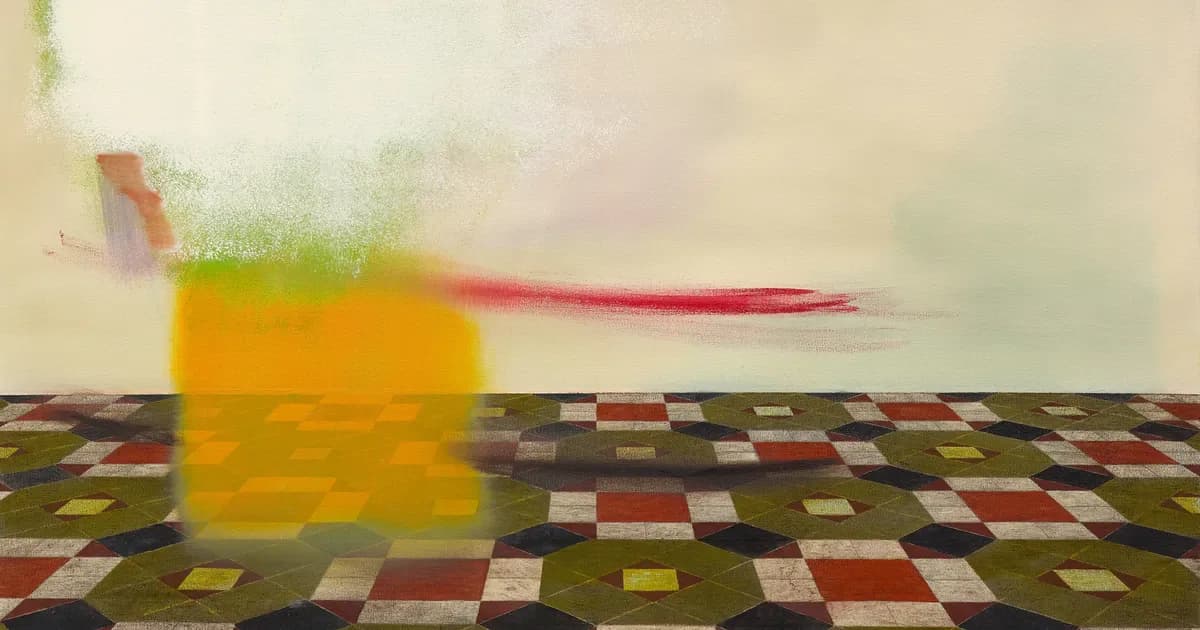 Abstract painting with yellow and orange forms casting shadows on a colorful checkered floor pattern with red, green, and cream tones.