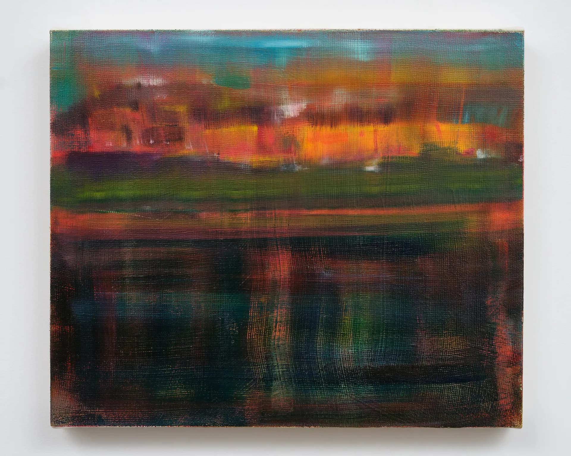 Abstract mixed-media painting with horizontal bands of vibrant orange, red, and teal hues layered over darker lower section; blurred architectural forms suggest an urban landscape.