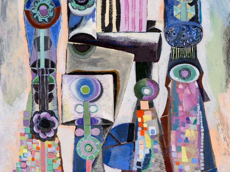 Abstract mixed-media composition with geometric and organic forms in blue, purple, pink, and earth tones, featuring circular motifs and textured patterns.