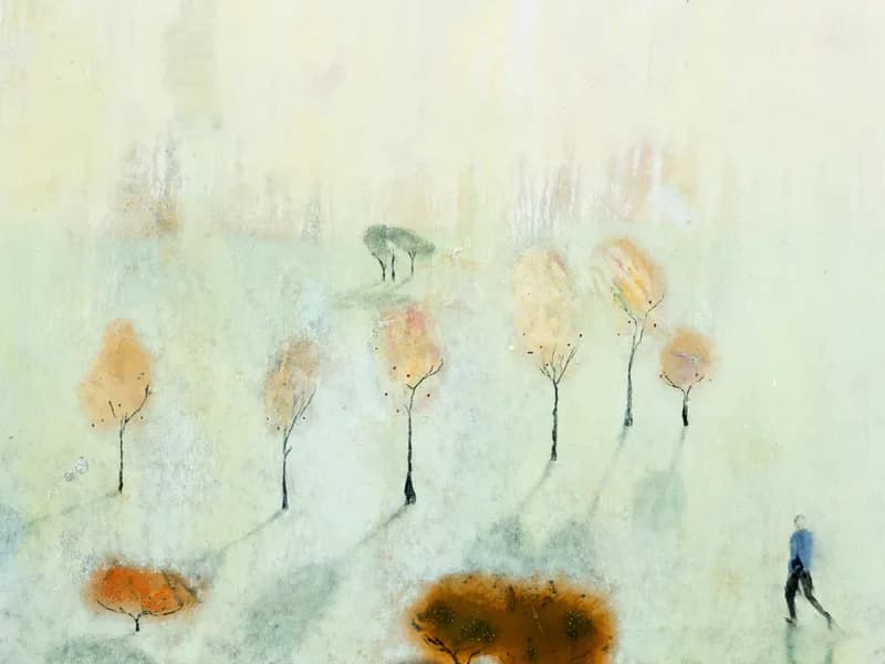 Minimalist landscape painting with delicate trees and a solitary figure against pale, misty background in muted greens, yellows, and browns.