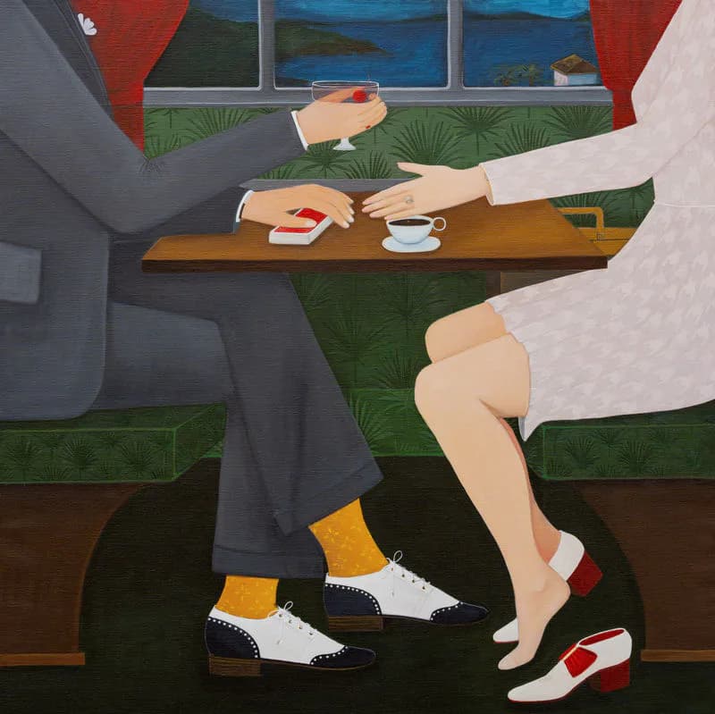 Illustration of two figures' lower halves facing each other across a wooden table with coffee and pastries, wearing colorful socks.