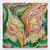 Abstract painting with organic green and tan leaf-like shapes against a warm mustard-yellow background.