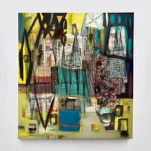Mixed-media collage featuring yellow, teal, and red geometric shapes with layered paper, fabric, and found materials.