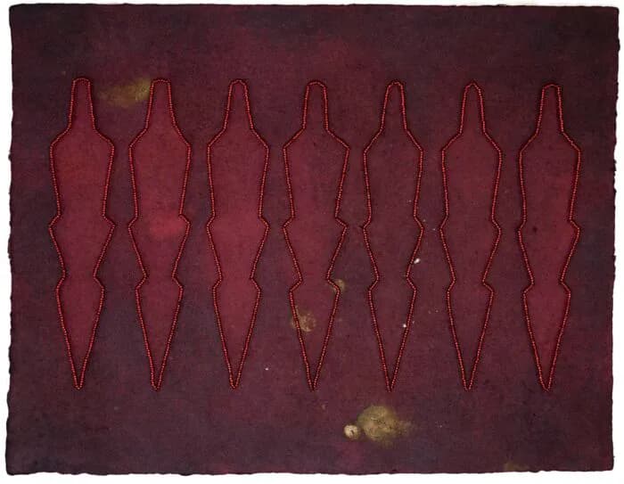 Seven elongated bottle forms outlined in red on a deep burgundy textured background with golden discoloration marks.