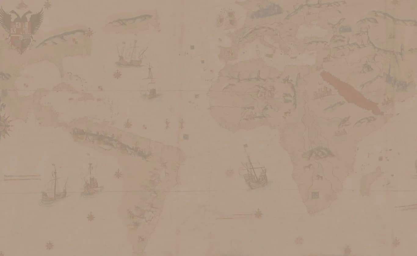 Faint pencil sketch on aged paper showing multiple sailing ships and maritime figures scattered across the composition.