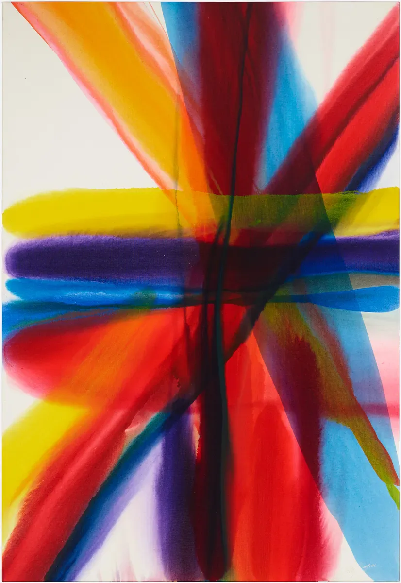 Abstract painting with vibrant overlapping ribbons in red, blue, yellow, and purple creating a dynamic intersecting composition.