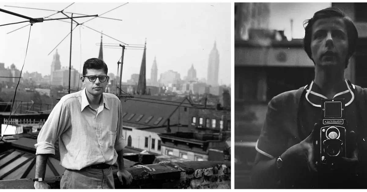 Black and white photograph diptych: left panel shows man in glasses and light shirt standing on rooftop with Manhattan skyline; right panel shows man with camera around neck looking upward against urban backdrop.
