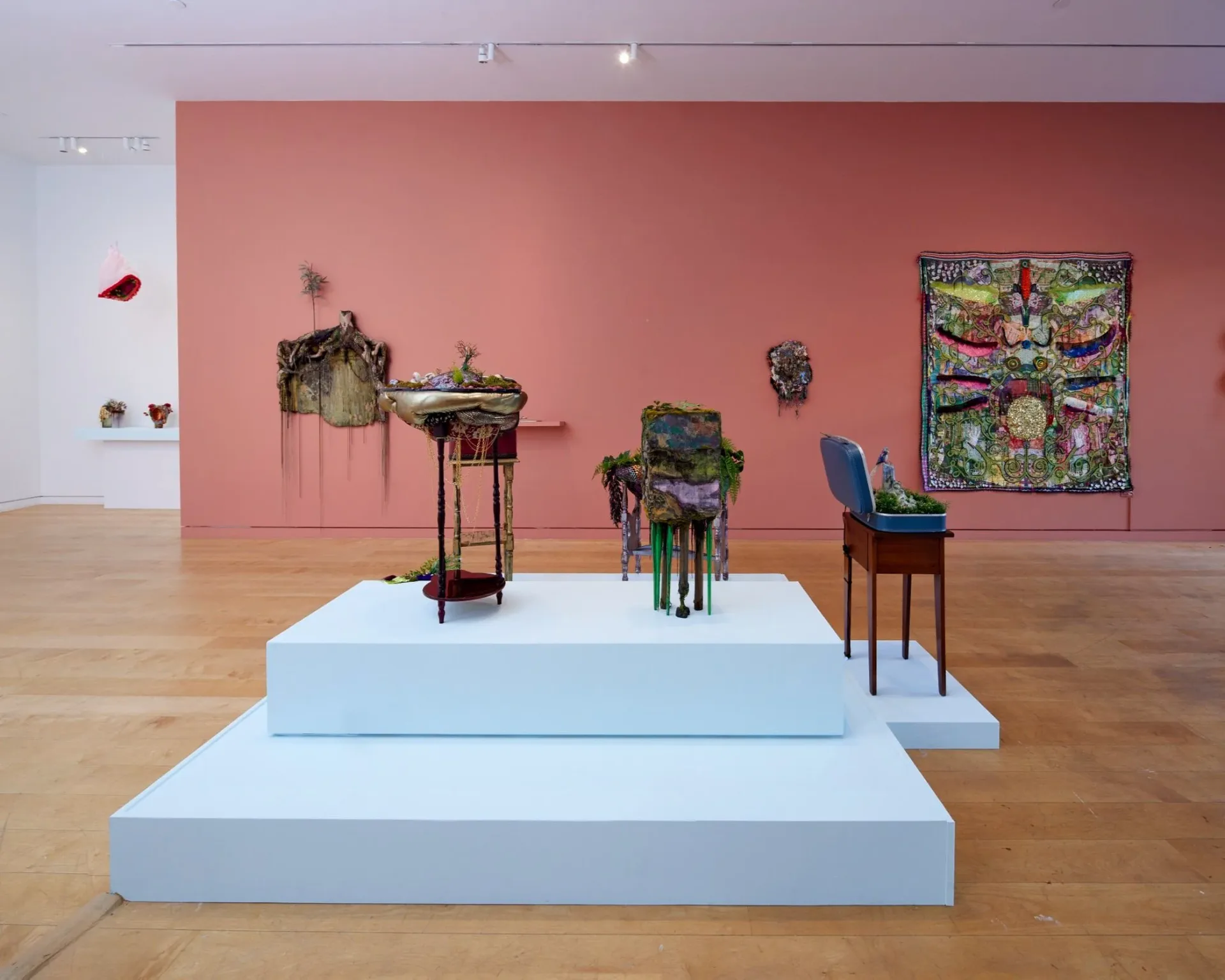 Gallery installation view at Hunter College - Hunter East Harlem Gallery with coral-pink wall, white platforms, potted plants, and textile artwork.