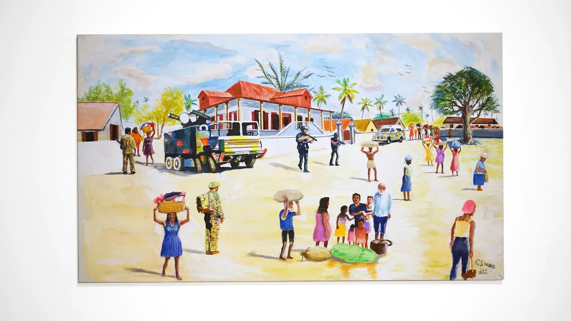 Watercolor painting depicting a busy community scene with a red-roofed building, vehicles, and numerous figures in colorful clothing gathered outdoors under a bright sky.