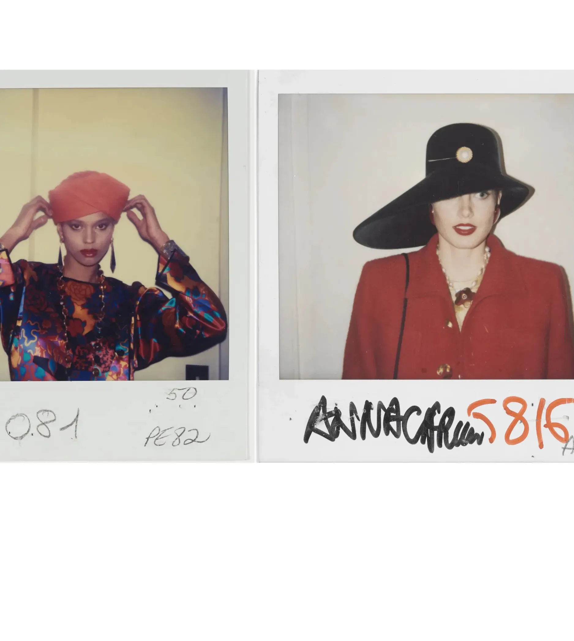 Two Polaroid-style photographs: left shows person in pink hat and colorful patterned jacket against yellow background; right shows person in red jacket and black wide-brimmed hat with handwritten annotation.
