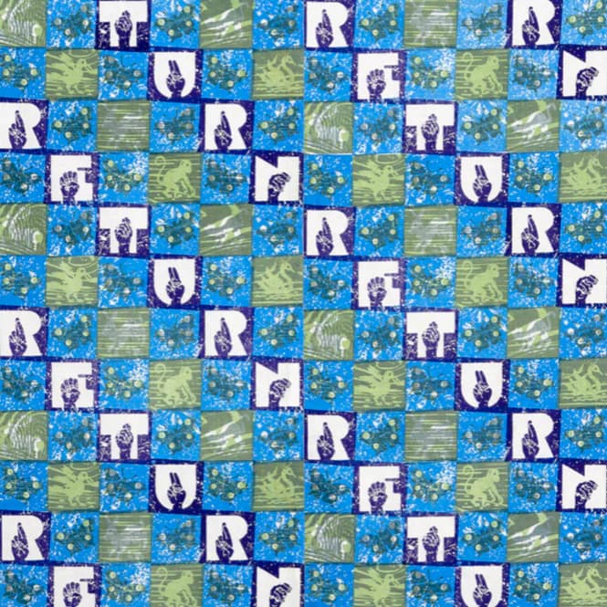 Patchwork textile with repeating checkerboard pattern combining blue, olive, and white squares with purple silhouette figures and botanical prints.