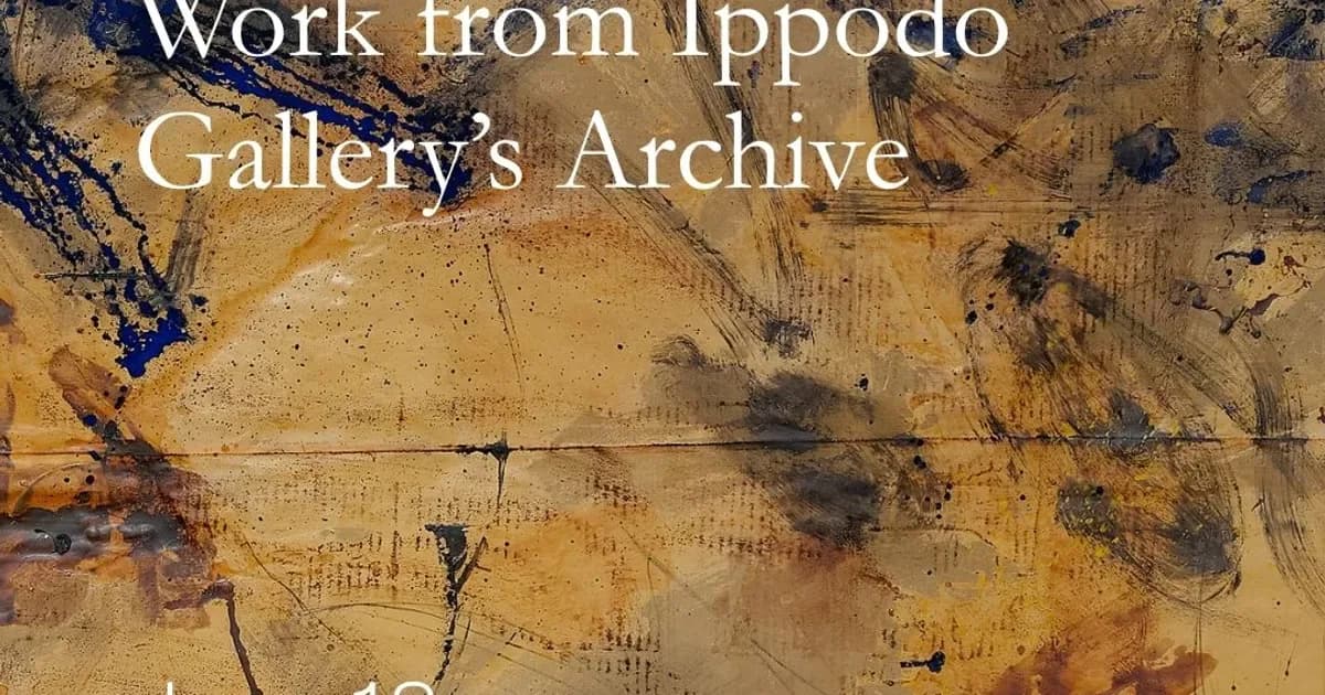 Promotional graphic with cream and gold background showing abstract dark marks and brush strokes, text reads 'Work from Ippodo Gallery's Archive'.