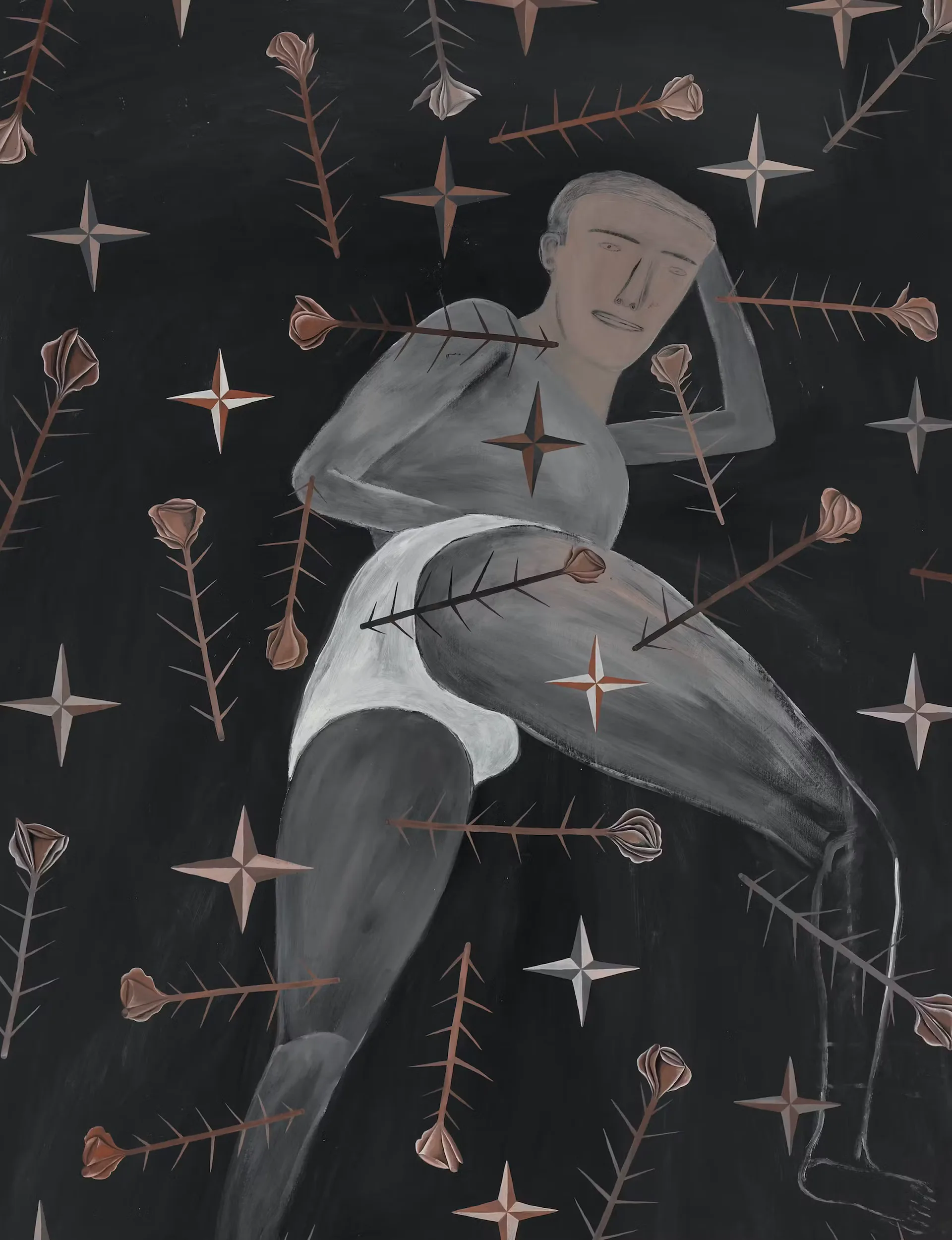Grayscale painting of figure wrapped in cloth against dark background with copper botanical elements and geometric stars.