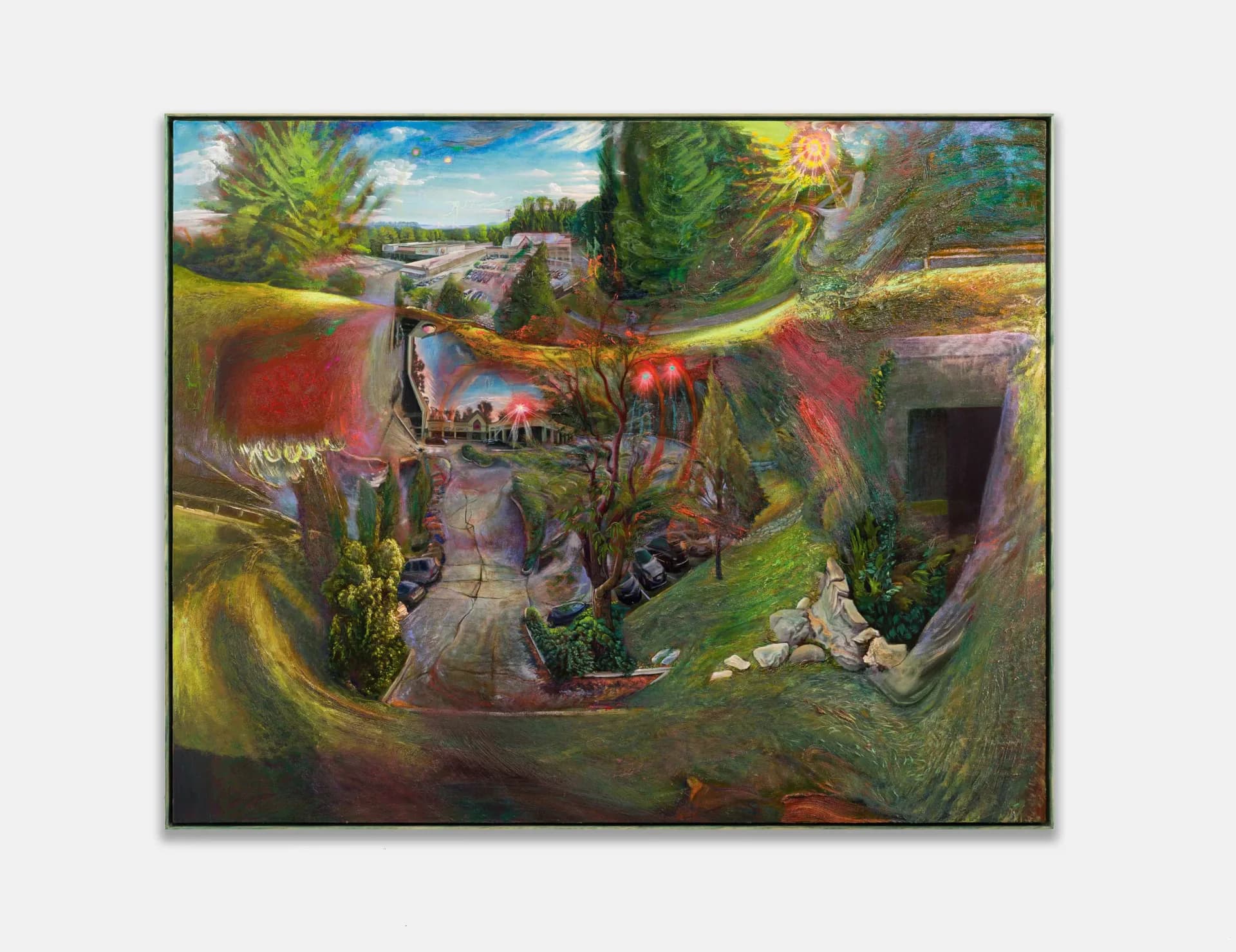 Mixed-media painting with layered landscape scenes featuring green fields, architectural structures, and figures in vibrant earth tones and reds, framed.