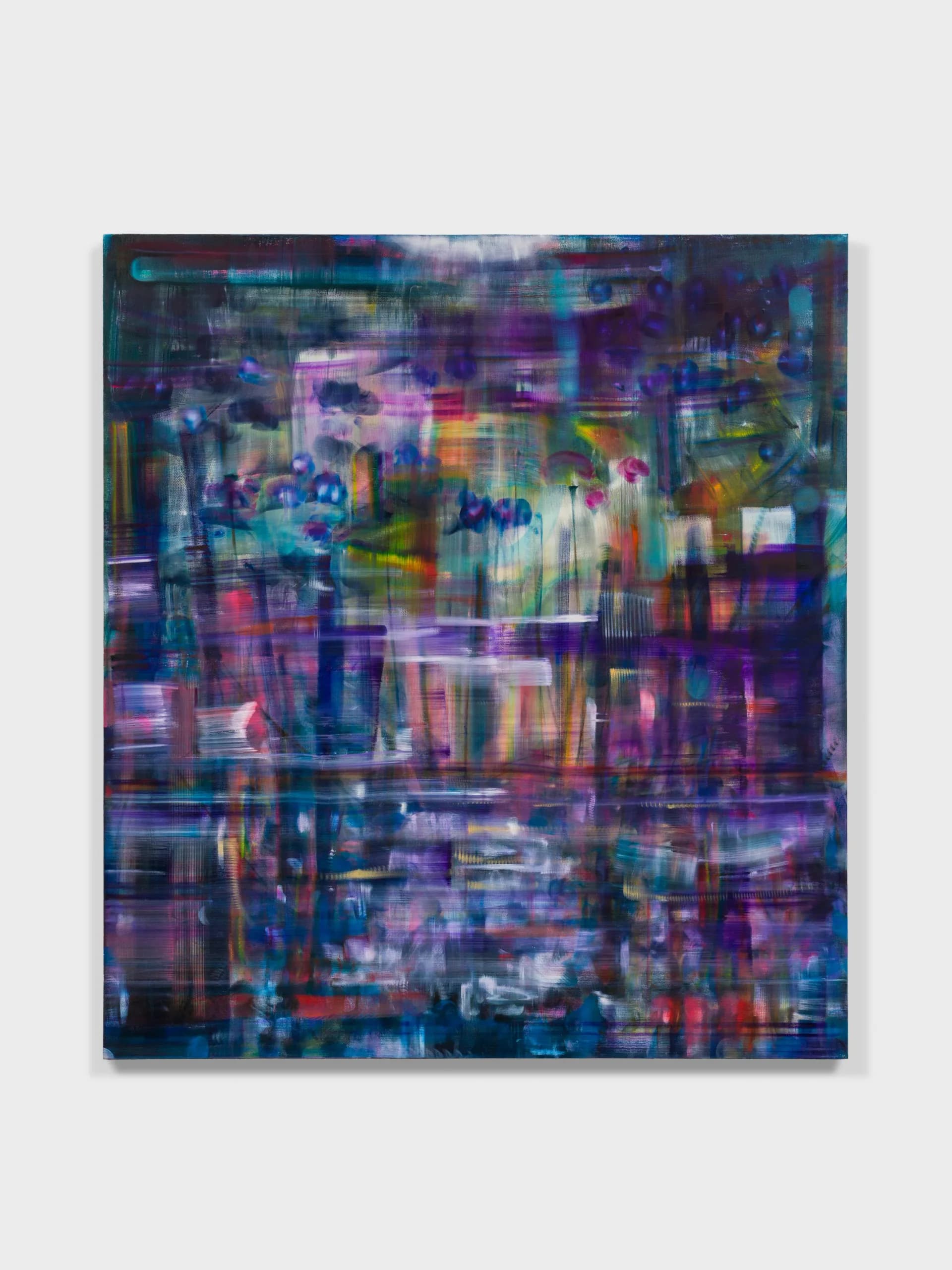 Abstract mixed-media painting with bold strokes of blue, purple, pink, and yellow layered and blended to create a chaotic urban or fragmented composition.