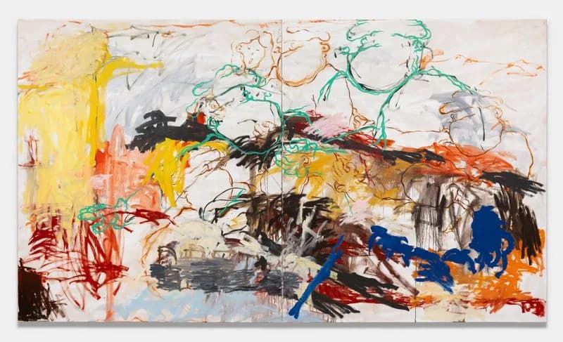 Large abstract mixed-media work combining vigorous gestural marks, bold color fields in yellow, red, and blue, with layered compositional elements.