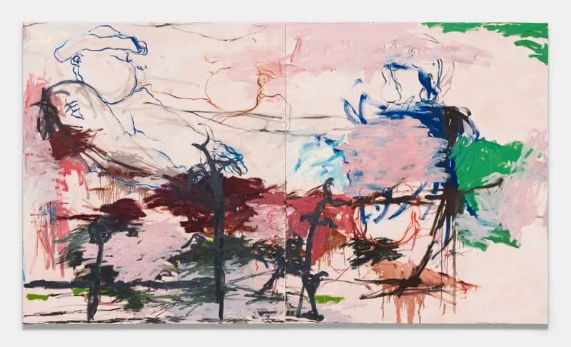 Abstract mixed-media painting on pink background with dynamic line work, gesture marks, and bright color accents in blue, green, and red.