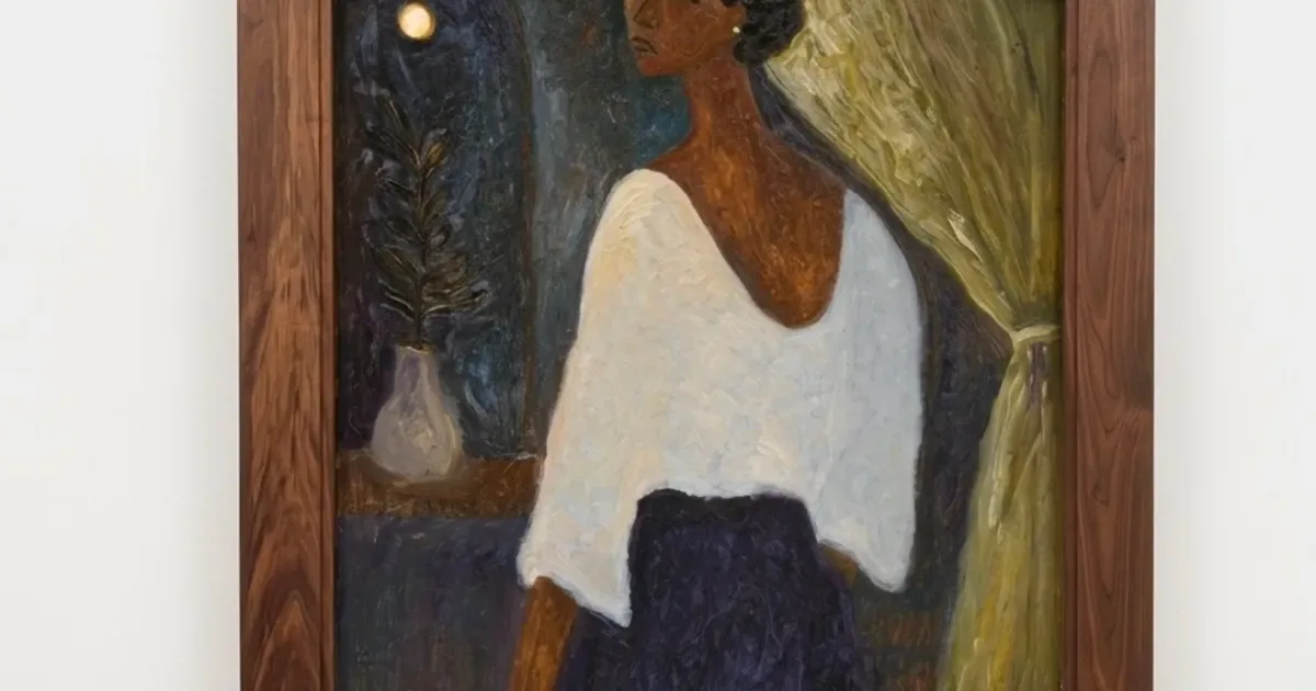 Painting of a figure in white shirt and dark skirt shown in profile against dark blue-green background with muted earth tones, framed in wood.