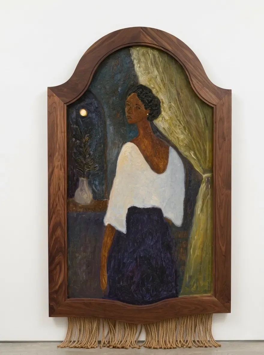 Wooden-framed painting with arched top and decorative base fringe depicting a figure in white and dark clothing against dark background, housed in Jenkins Johnson Gallery.