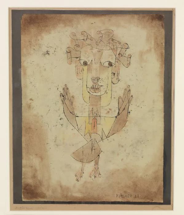 Abstracted line drawing on aged paper depicting a stylized head and torso with geometric features in brown ink, dated with artist mark.