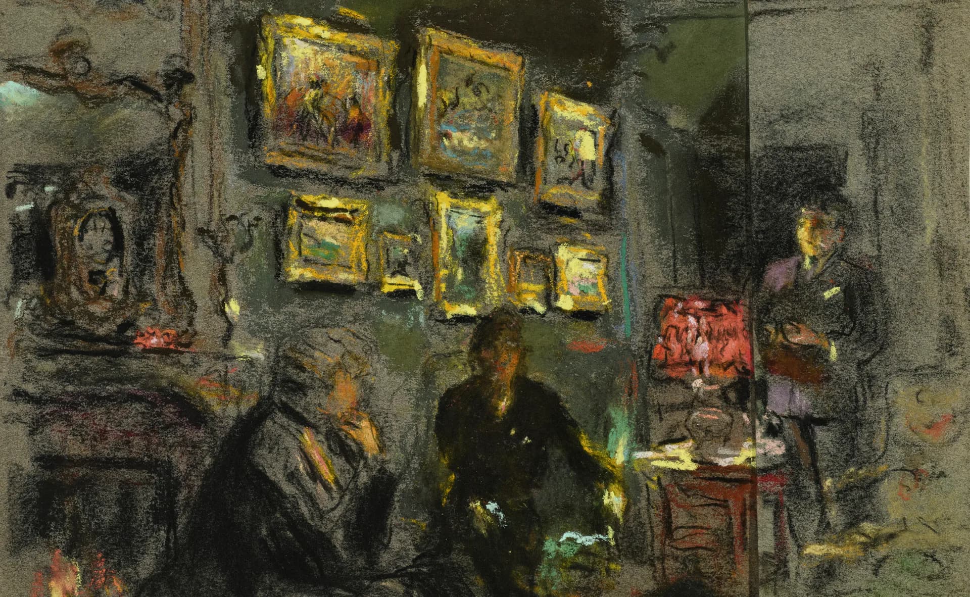 Impressionist interior scene depicting figures in a studio with gold-framed paintings on pale green walls, rendered in muted earth tones and greens.