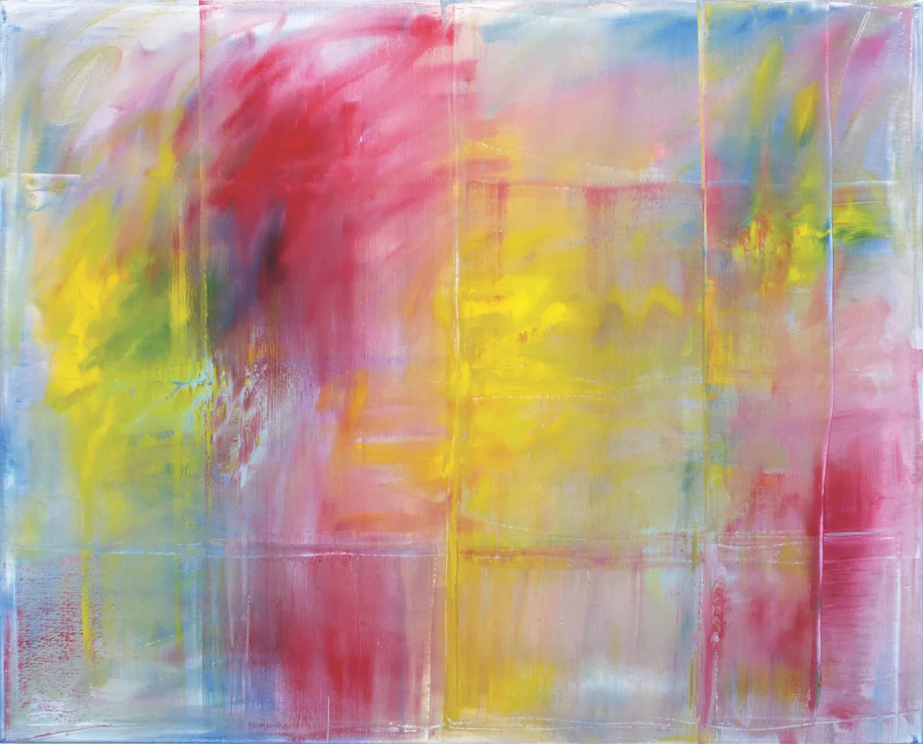 Abstract painting with soft, gestural brushstrokes in pink, yellow, blue, and red tones layered over geometric grid lines.