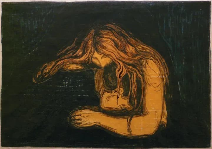 Expressionist figure study in ochre and black ink on dark ground: a seated, contorted nude figure with flowing hair, rendered in bold gestural strokes.