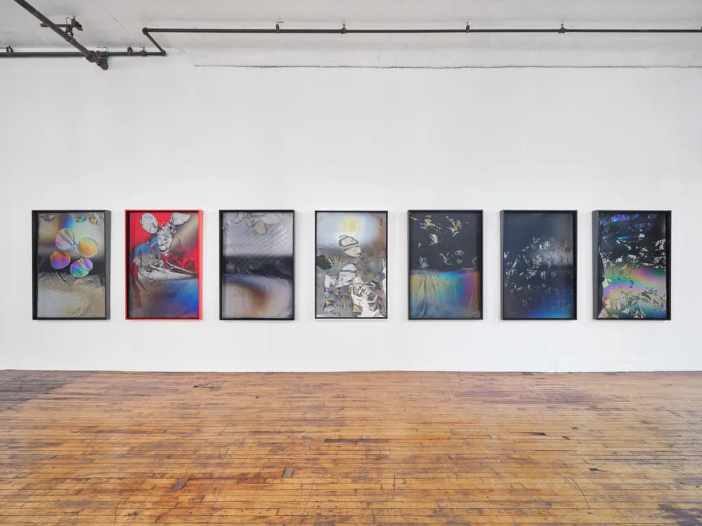 Gallery wall displaying seven framed colorful abstract artworks in a row above wooden flooring.