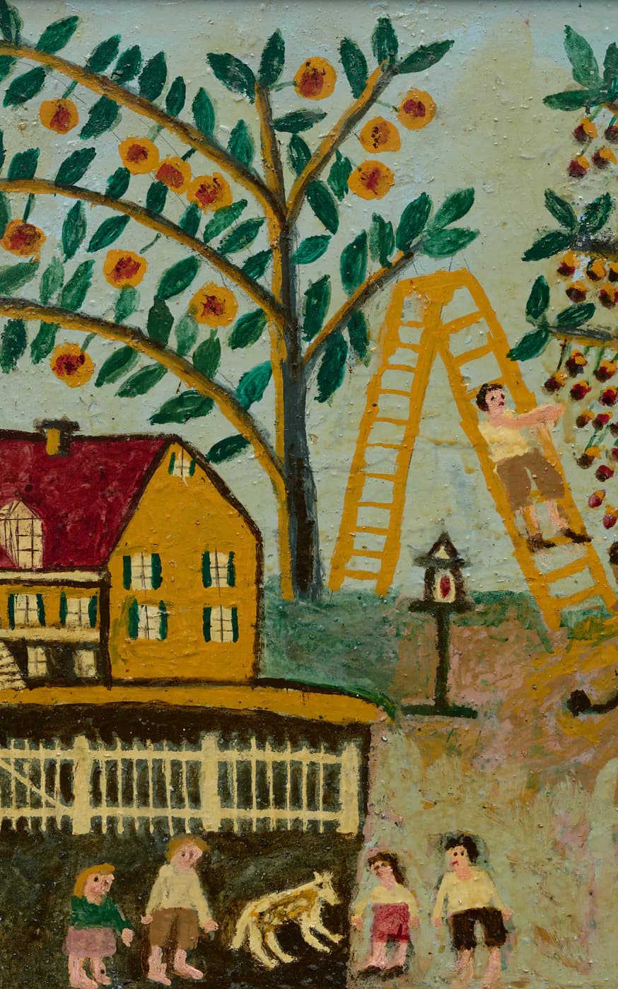 Folk art painting depicting a yellow house with red roof, fruit trees, figures with ladder, and animals in muted greens, yellows, and earth tones.