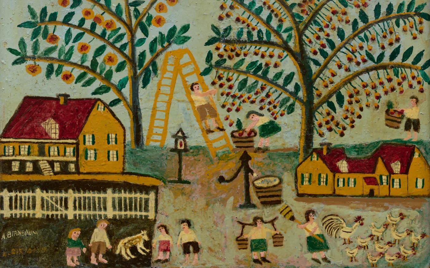 Naive-style painting of rural scene with yellow houses, laden fruit trees, ladder, figures, and animals in warm ochres and greens on pale ground.