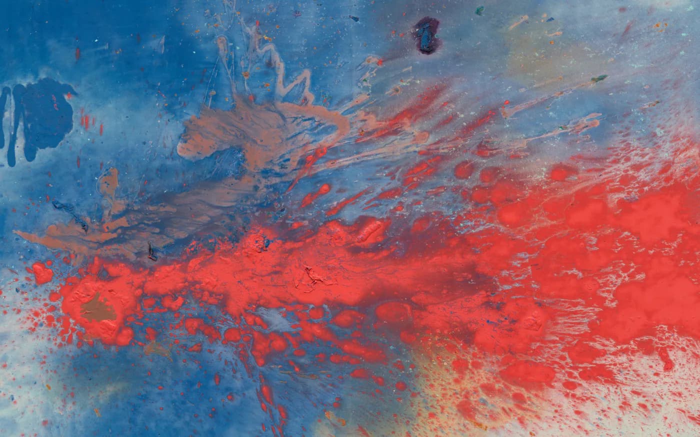 Abstract close-up painting of red and coral gestural marks with drips against blue and cream background.