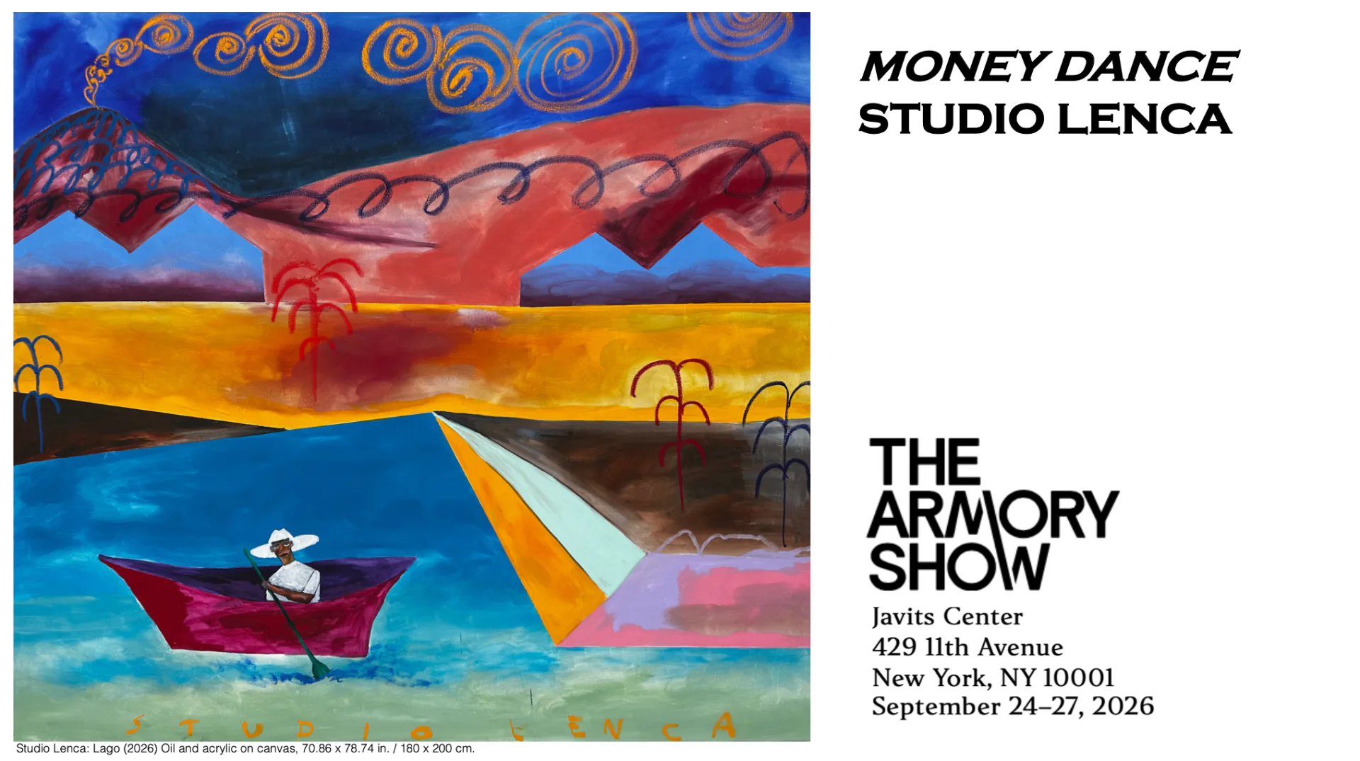 Exhibition flyer for Money Dance by Studio Lenca at The Armory Show, Javits Center, 429 11th Avenue NYC, September 24–27, 2026. Features colorful abstract illustration with blue, red, yellow, and orange layered shapes and a white boat motif.