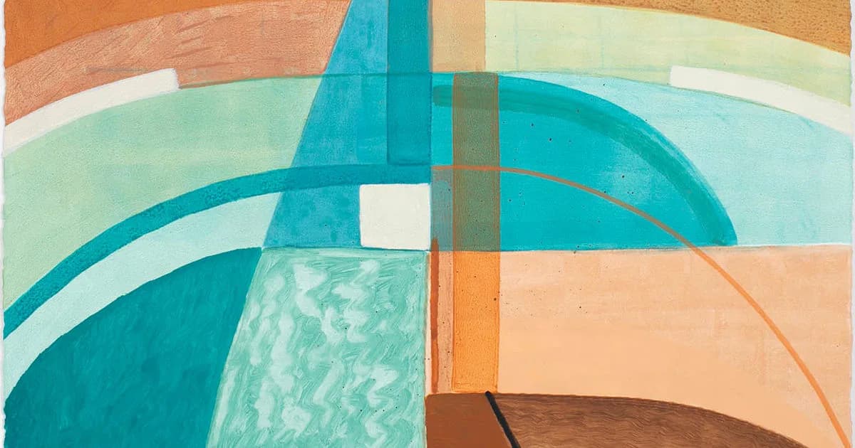 Abstract mixed-media composition with geometric shapes in turquoise, coral, orange, and cream overlapping on a textured background.