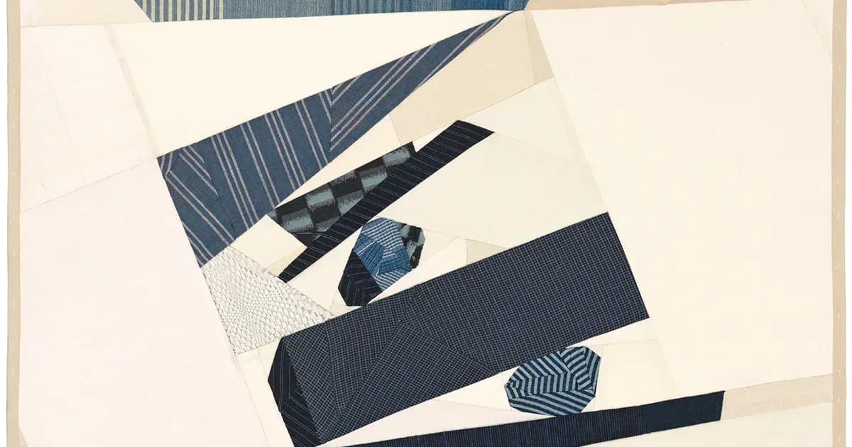 Collaged abstract artwork featuring layered torn paper and textile fragments in navy, cream, and patterned materials arranged diagonally.