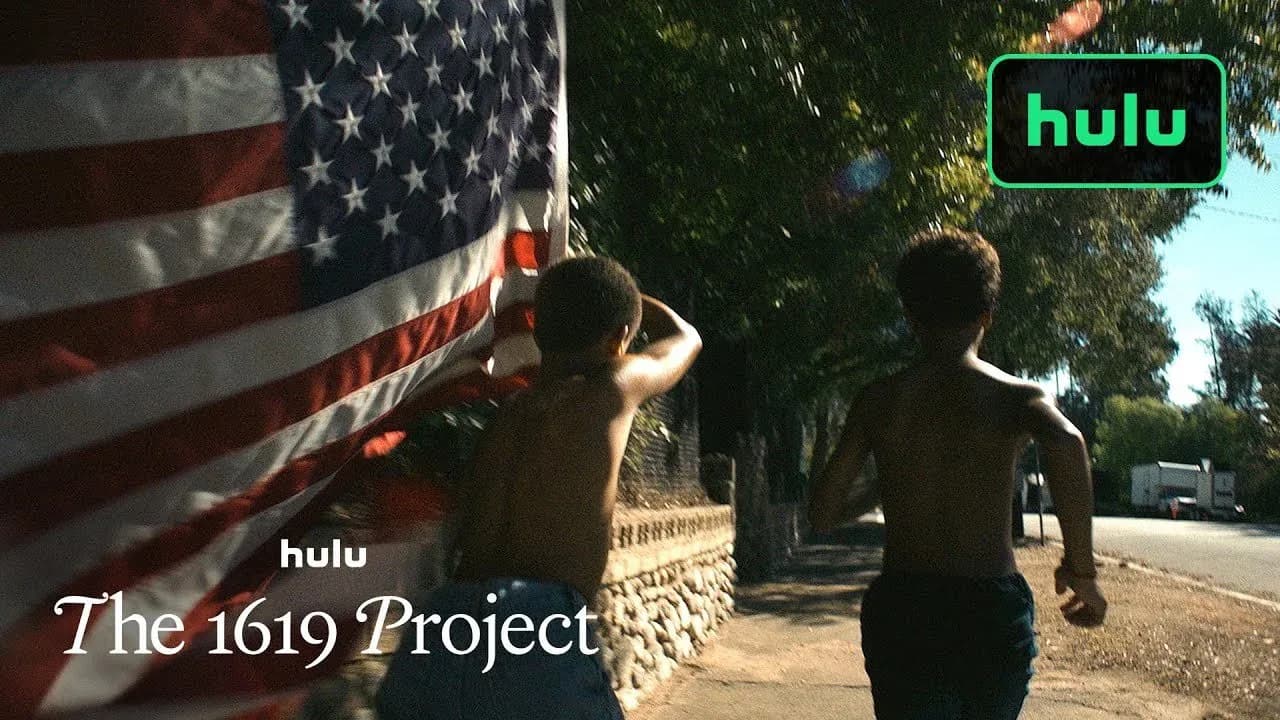 Hulu promotional graphic for 'The 1619 Project' showing figures in front of American flag.