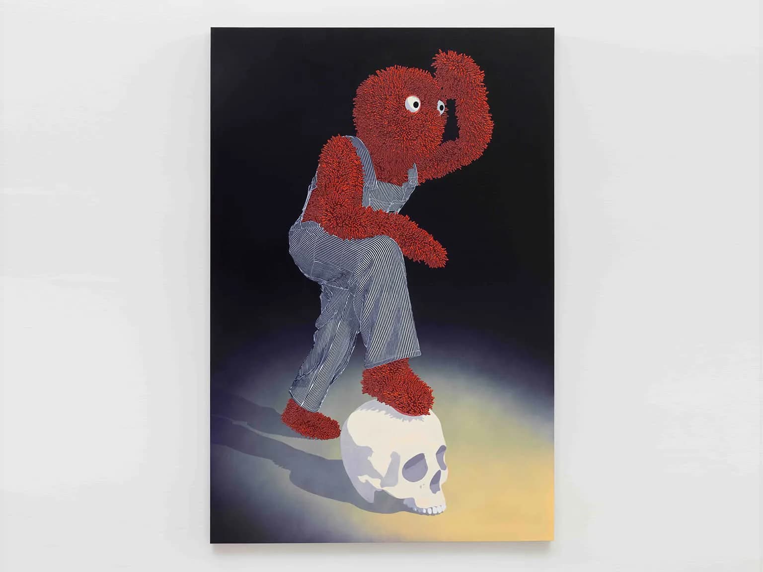 Painting of a red textured figure with blue-gray limbs standing on a white spherical form against a dark background with yellow light.