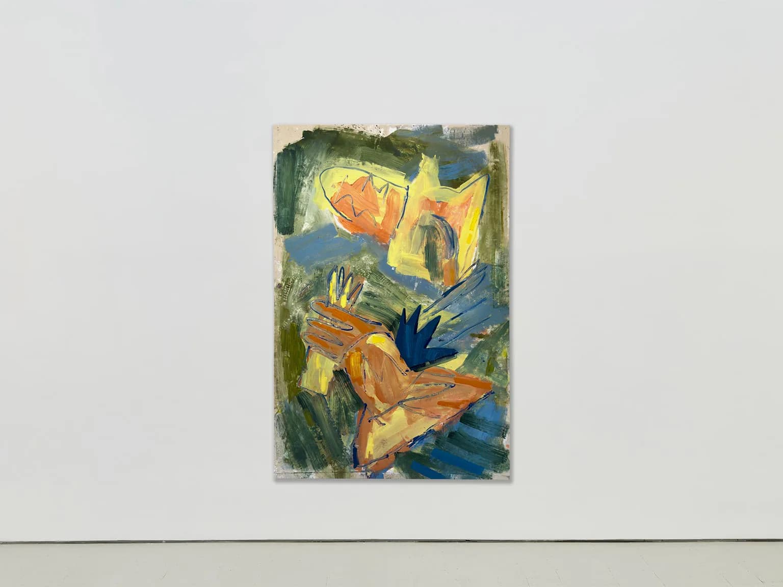 Abstract expressionist drawing with loose brushwork depicting fragmented figures in yellow, orange, and blue tones on green and blue background.
