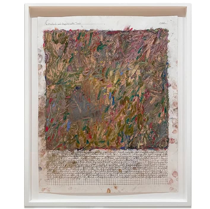 Mixed-media work combining dense, colorful gestural painting in upper half with gridded text or numbers in lower half, framed behind glass.