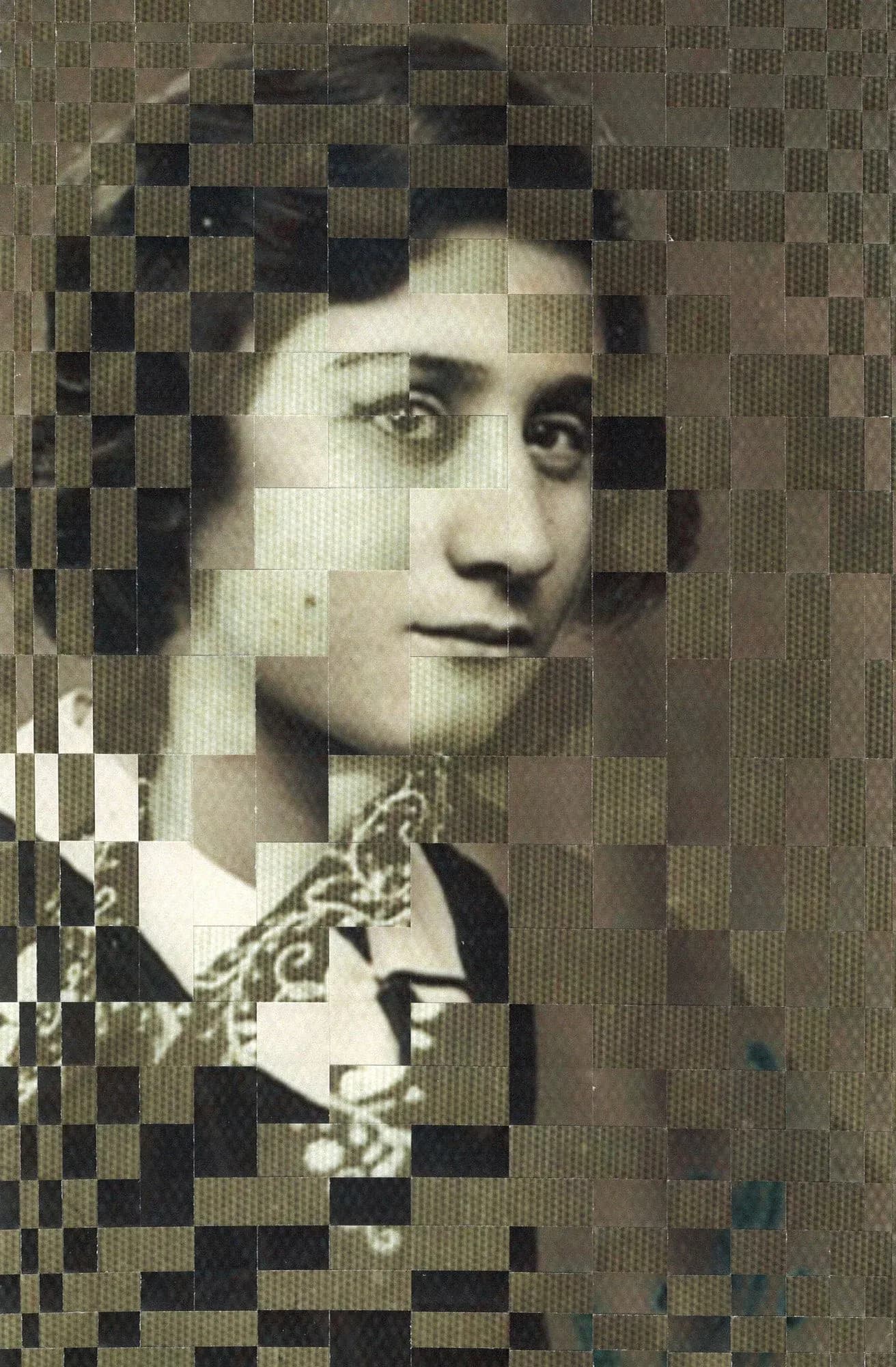 Vintage sepia-toned portrait of a woman's face partially obscured by a black and white pixelated or checkered pattern overlay.
