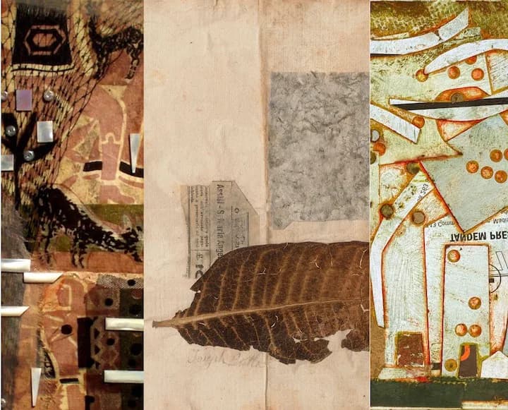 Mixed-media collage featuring vintage photographs, botanical leaf motif, architectural elements, and aged paper textures in sepia and earth tones.