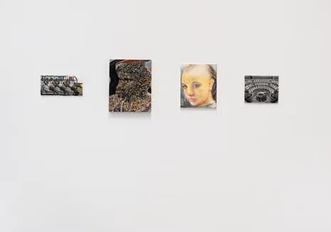 Kravets Wehby Gallery white wall with four small mixed-media artworks including abstract patterns, a blonde-haired portrait, and textural compositions.