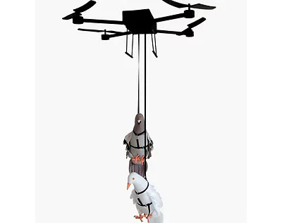 Silhouette illustration of a drone lowering two suspended human figures against a white background.