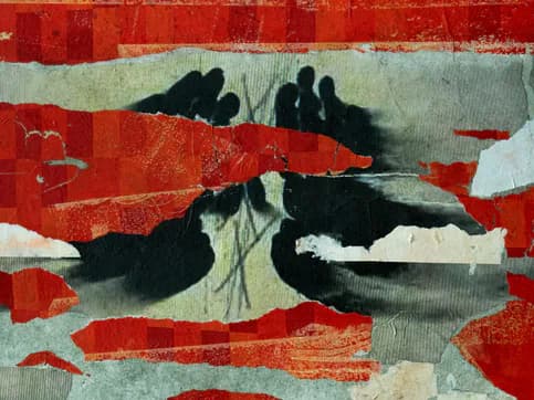 Mixed-media artwork combining red and white striped fabric with black silhouettes of hands and gestural marks, distressed textural surfaces.