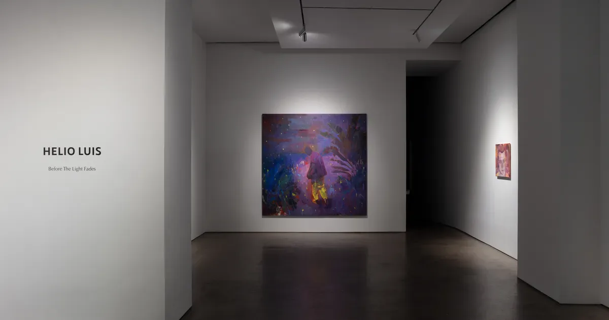 Gallery interior with white walls displaying abstract purple and gold painting mounted centrally, minimalist modern space with recessed lighting.