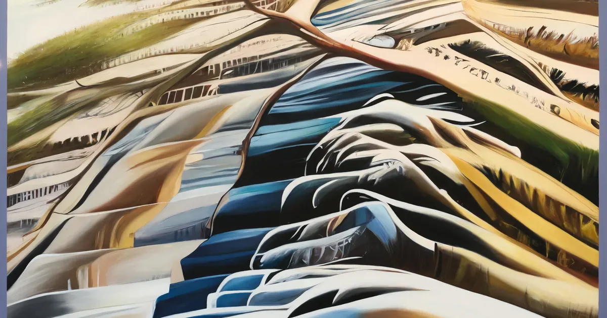 Abstract painted composition with flowing curved forms in blue, white, tan, and black creating layered, wave-like striations across the canvas.