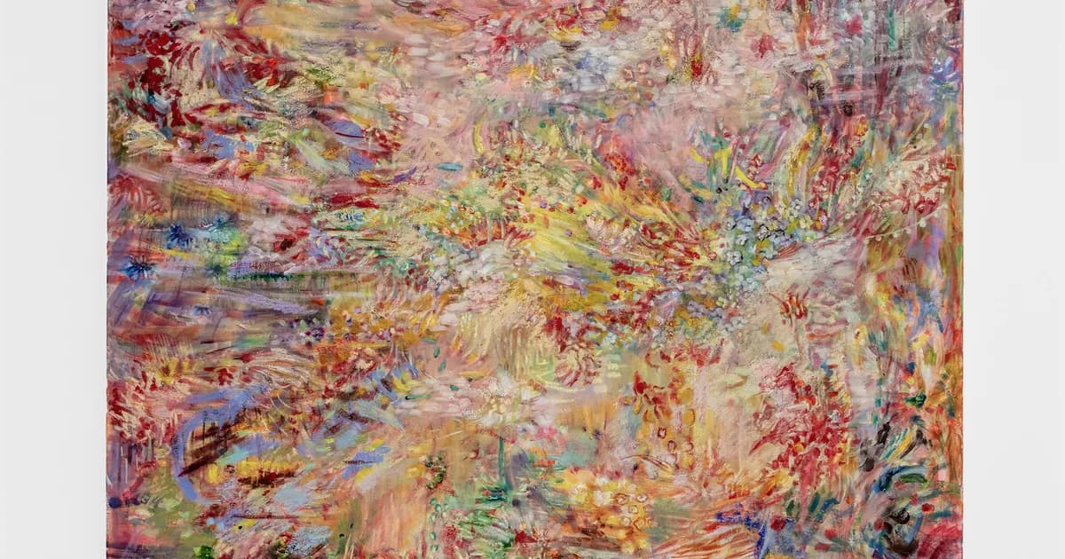 Densely layered abstract mixed-media painting in vibrant pinks, yellows, blues, and greens with gestural marks and overlapping gestural strokes throughout.