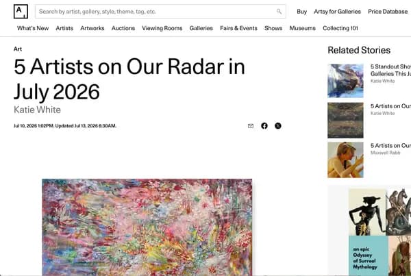 Web article titled '5 Artists on Our Radar in July 2026' by Katie White, featuring search bar and navigation menu with related stories sidebar.