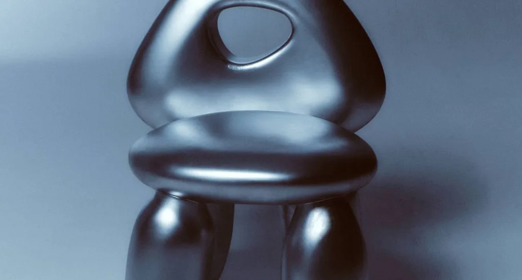 Polished metallic sculptural form with organic, rounded shapes and a central circular opening, rendered in chrome and dark tones.